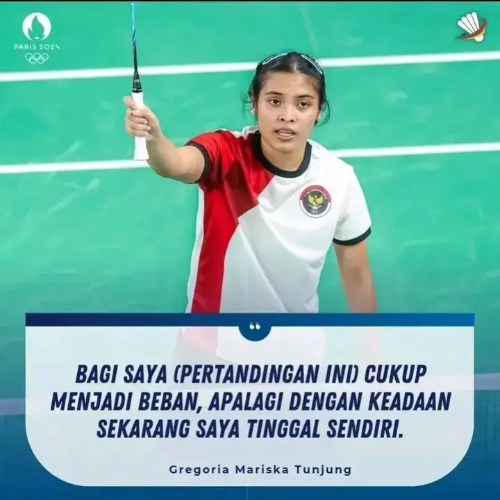 Kamu boleh jadi satu satunya wakil Indonesia di cabor bulutangkis yang tersisa, tapi kamu tidak sendirian karena kami disini selalu mendukungmu. Teruskan perjuanganmu demi merah putih. #olimpiadeparis2024 #paris2024 #badminton #gregoriamariskatunjung #tunggalputri #timnasindonesia #merahputih 