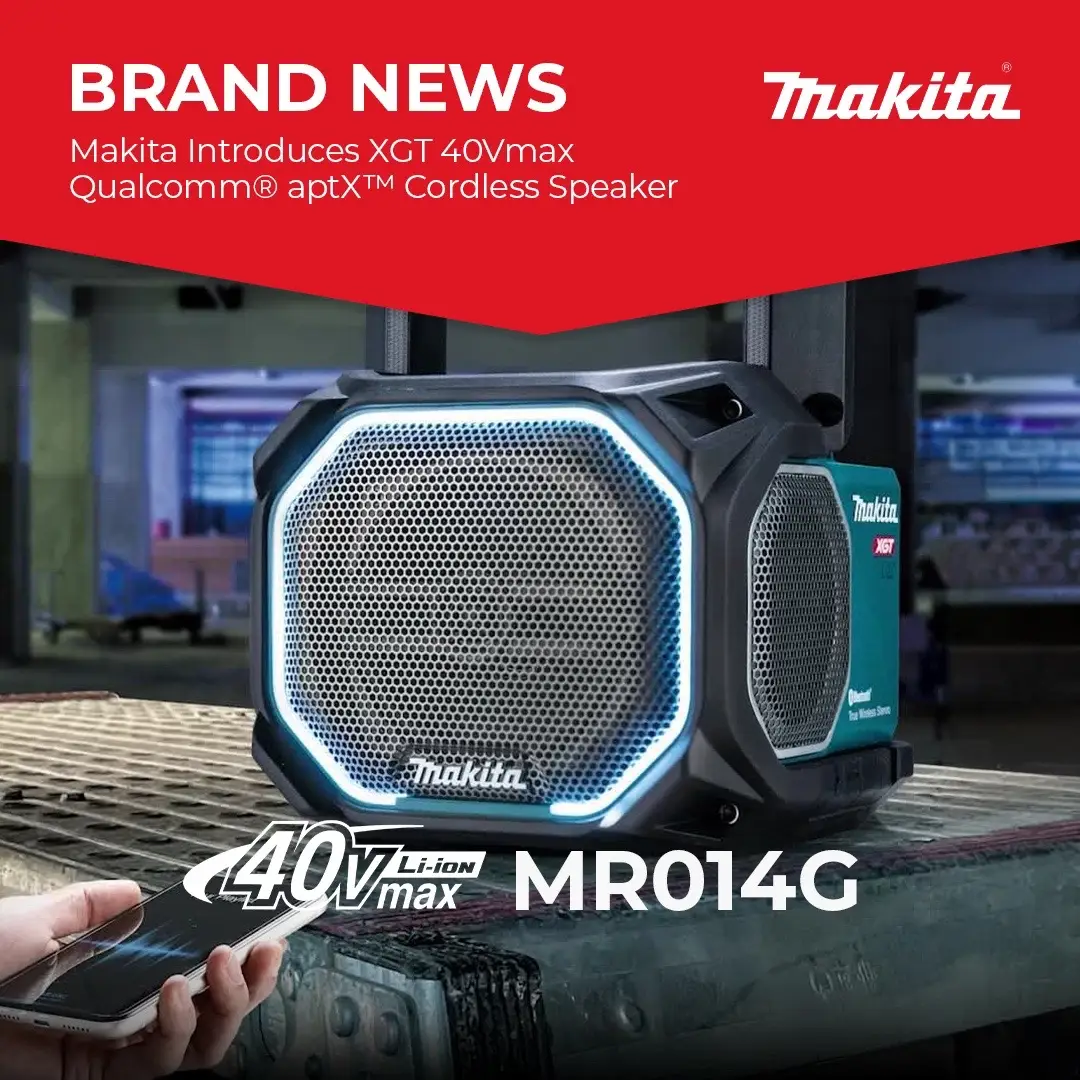 Makita introduces the new 40Vmax Cordless Speaker MR014G, delivering powerful bass and high-quality sound 🎶 Upgraded speaker size and Qualcomm® aptX™ HD audio technology for clear and distortion-free audio. Supports 18V, 14.4V batteries (excluding light batteries), and AC100V power. The LED lighting feature syncs with your music. Additional features include True Wireless Stereo mode, connecting up to 10 MR014G speakers with Double Mode, an equalizer with 6 sound modes, IP65 rating for weather resistance, vertical smartphone stand capability, and microphone compatibility. #ukplanettools #makita #cordlesstools #radio #XGT