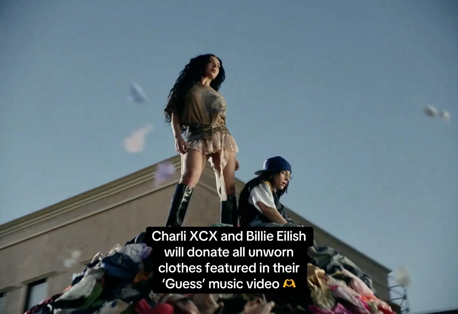 This is a true @Charli XCX, @BILLIE EILISH and @I Support the Girls slay. 💅 #charlixcx #billieeilish #guess #musicvideo #charitydonations #bratsummer #brat #fyp #musicnews 