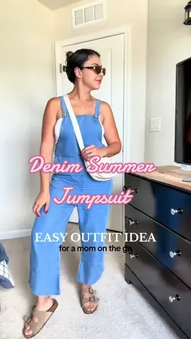 This denim jumpsuit is so comfy and is perfect for a casual on the go outfit. I can see myself wearing it the rest of summer and into fall #summeroutfit #momoutfit #easyoutfits #TikTokCreatorSearchInsightsIncentive 