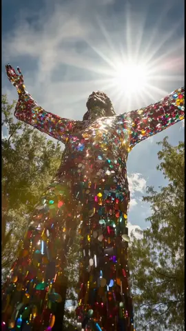 Bathed in sunlight, this sculpture of Jesus, crafted from thousands of colored glass beads, captures the vibrancy of faith. Each beam of light reflects hope, illuminating our path. 🌟✨ #GlassArt #JesusSculpture #SparklingFaith #ArtInSunlight 