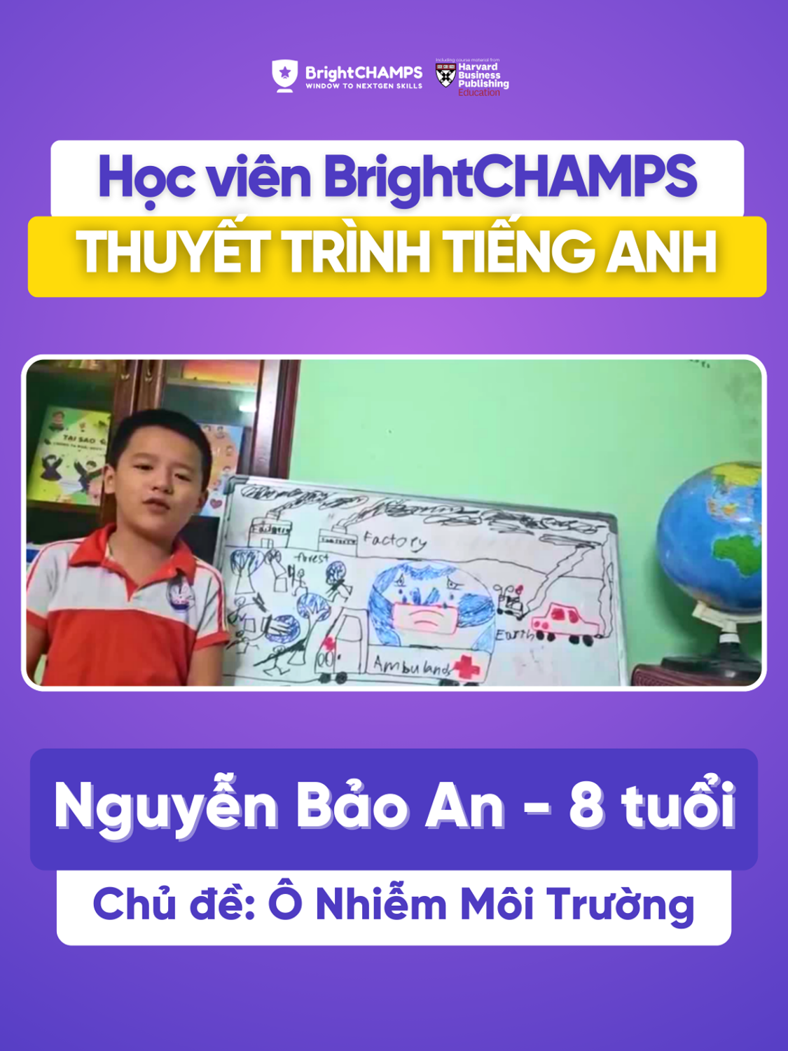 Học viên Nguyễn Bảo An (8 tuổi) thuyết trình Tiếng Anh về vấn đề ô nhiễm môi trường💚 #education #kids #fyp #brightchampsvn