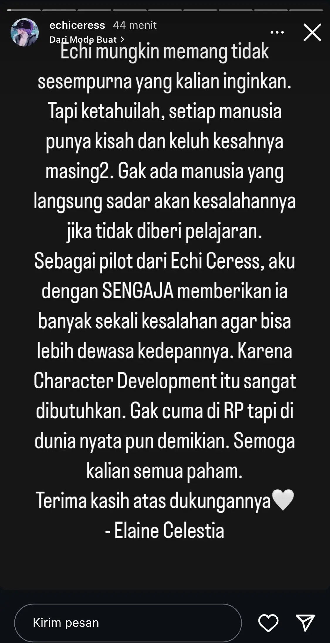 selalu jadi penonton yang bijak dan lebih dewasa aja guys,hargain jalan cerita yang mereka buat apa pun yang mereka lakuin pasti ada alesannya kok guys,aku ga bisa terlalu banyak ngomong tapi kurang kurangin komentar yang ga baik jaga kenyamanan mereka juga, kurang kurangin buat bawa bawa yang terjadi di rp ke rl guys inget itu cuman rp apa pun yang terjadi di situ gausah di bawa bawa ke rl, mau gimana pun mereka di rp di rl mereka tetep temenan guyss jadi gausah khawatir. kurang kurangin juga yang masih mengaitkan rp mereka di kota sebelah karna mereka udah pindah ke kota baru pasti jalan cerita yang mereka buat juga udah pasti berbeda jadi kurang kurangin ya guys buat sangkut pautin rp di kota sebelah, aku ngerti kok pasti kalian ada perasaan kangen sama mereka waktu di kota sebelah tapi aku mohon move on ya guys nikmatin cerita mereka yang baru okee aku sendiri berharap kalian lebih dewasa dan bijak aja sebagai penonton nikmatin aja jalan cerita yang mereka buat kalo emang gasuka sama jalan ceritanya gausah nonton se simple itu kok guys. #gtarp #ic #kalaroleplay 