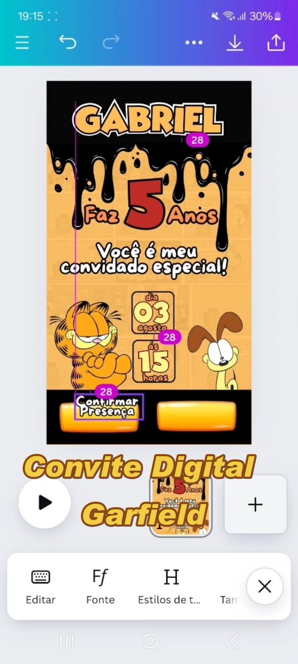 🔥Convite Digital Interativo no Canva. #garfield #gato #cat #convitedigital #conviteinterativo #festainfantil #criança #gabriel #canva #fyp 