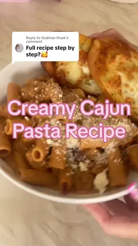 Replying to @Siobhan Hook creamy cajun chicken pasta turorial ✨ Measurements: (these are a guess bc i eyeball most of it)  2 chicken breast Salt & pepper 1tbsp cajun  1tsp chicken seasoning Coat in 2 tbsp olive oil Half red onion 1tsp garlic 1tsp red chilli (remove if you dont like spice)  1tbsp tomato paste Half chicken stock pot in 150ml water 300ml single cream (i used elmea in the vid but i usually use real cream) 2tbsp pasta water 2tbsp cajun 1tsp parsley  Salt & pepper  200g pasta (i use rigatoni)