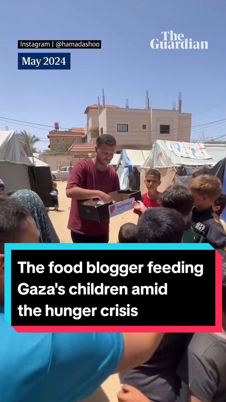 Before the war, 32-year-old Hamada Shaqoura was a food blogger covering the best of Gaza’s vibrant food scene. Now, forced to flee his home to southern Gaza, and as the hunger and displacement crisis in the territory increases, he makes meals out of aid rations to feed and bring joy to people living in refugee camps – especially children. Since Israel’s invasion of Gaza after Hamas’s 7 October attack, and the intensification of its 17-year-blockade of the strip, nearly half a million people in Gaza are facing starvation, according to a report by the Integrated Food Security Phase Classification. A group of independent UN human rights experts have also warned “there is no doubt that famine has spread from northern Gaza into central and southern Gaza”, after the recent deaths of several children due to malnutrition. “No matter how much I cook, people need more,” says Shaqoura, who currently lives in Khan Younis, having fled Rafah after Israel began its ground invasion in May. His first child was born there shortly after. “I use food to portray the suffering of our people,” says Shaqoura, who says he uses his Instagram account, where he posts videos of himself cooking and handing out food, to encourage people to raise awareness of the hunger in Gaza. “I want my son to have a better life and not see such days again,” he says. Watch the video for his story.