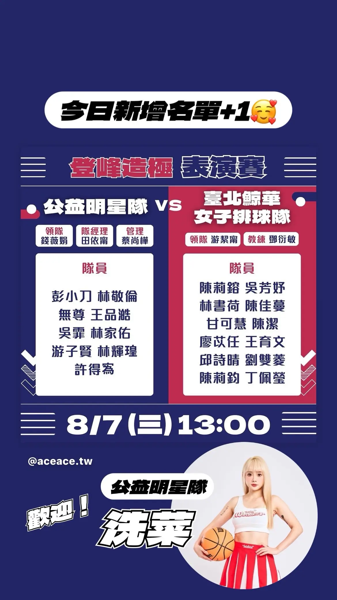 登峰造極名物之一 #明星賽 要登場囉🤩 🖊️8月7日13:00開打 由錢姐領軍公益明星隊🪙 對決牛姐領軍的臺北鯨華🐮 一起炒熱高中排球現場🔥🏐 完整賽程與轉播資訊>> https://aceace.org.tw/articles/11755 掌握球賽最新資訊，請至「@aceace.tw」官網🏐ᯓ ᡣ𐭩 或追蹤「@aceace.tw」的Facebook、Instagram、TikTok🏅 全場次直播就在YouTube https://youtube.com/@aceaceTV #登峰造極WhyNotMe #aceaceTV #攔後遇見你@洗菜-籃球女孩 🏀 