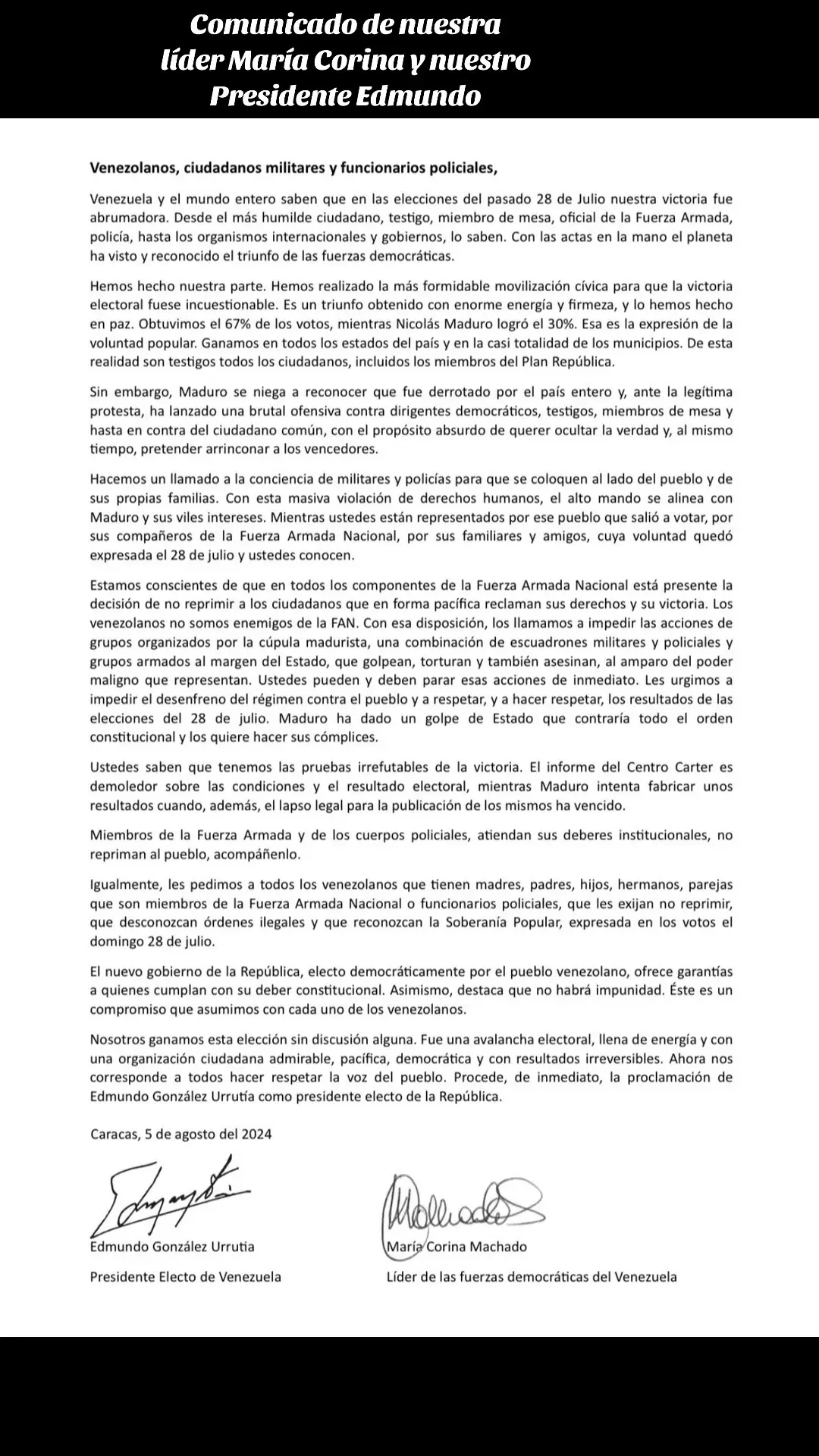 Comunicado de nuestra lider Maria Corona Machado y nuestro Presidente Edmundo Gonzales Urrutia 🕊️🇻🇪