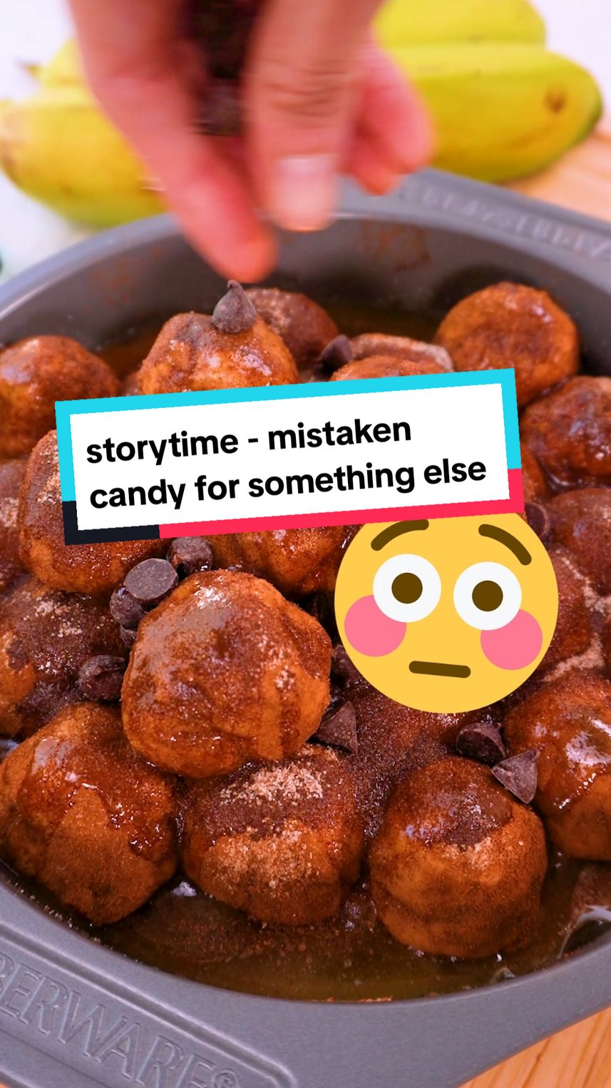 storytime - I accidently ate candy not knowing it was something else 😳😳😳 ✨Recipe: 2 ¾ cups self rising flour 2 tbsp cinnamon ¼ cup white sugar 3 mashed ripe bananas ½ cup butter ½ cup brown sugar Icing sugar and a few tbsp of milk to make an icing. 1. Preheat oven to 350°F and line a pan with parchment paper & cooking spray 2. In a small bowl combine cinnamon and sugar 3. In a bowl mash up 3 ripe bananas until smooth and sift in self rising flour, kneading it until fully combined. (this will be sticky so use oil) 4. Form the dough into small balls and roll them into the cinnamon sugar mixture and place into the baking dish 5. In a medium bowl microwave butter until melted and stir in brown sugar until combined. Drizzle over evenly in dish 6. Bake for 30 - 35 minutes until golden brown. Turn upside down and let cool for 20 minutes. 7. Once cooled more or less drizzle some icing sugar mixture overtop and enjoy! 😊