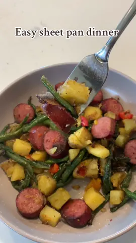 Easy sheet pan dinner with turkey smoked sausage, potatoes and veggies. This is a meal I fix when I dont want to cook, but we still have to eat lol.  #easymealideas #easydinner #easydinnerideas #dinnerrecipe #TikTokCreatorSearchInsightsIncentive 
