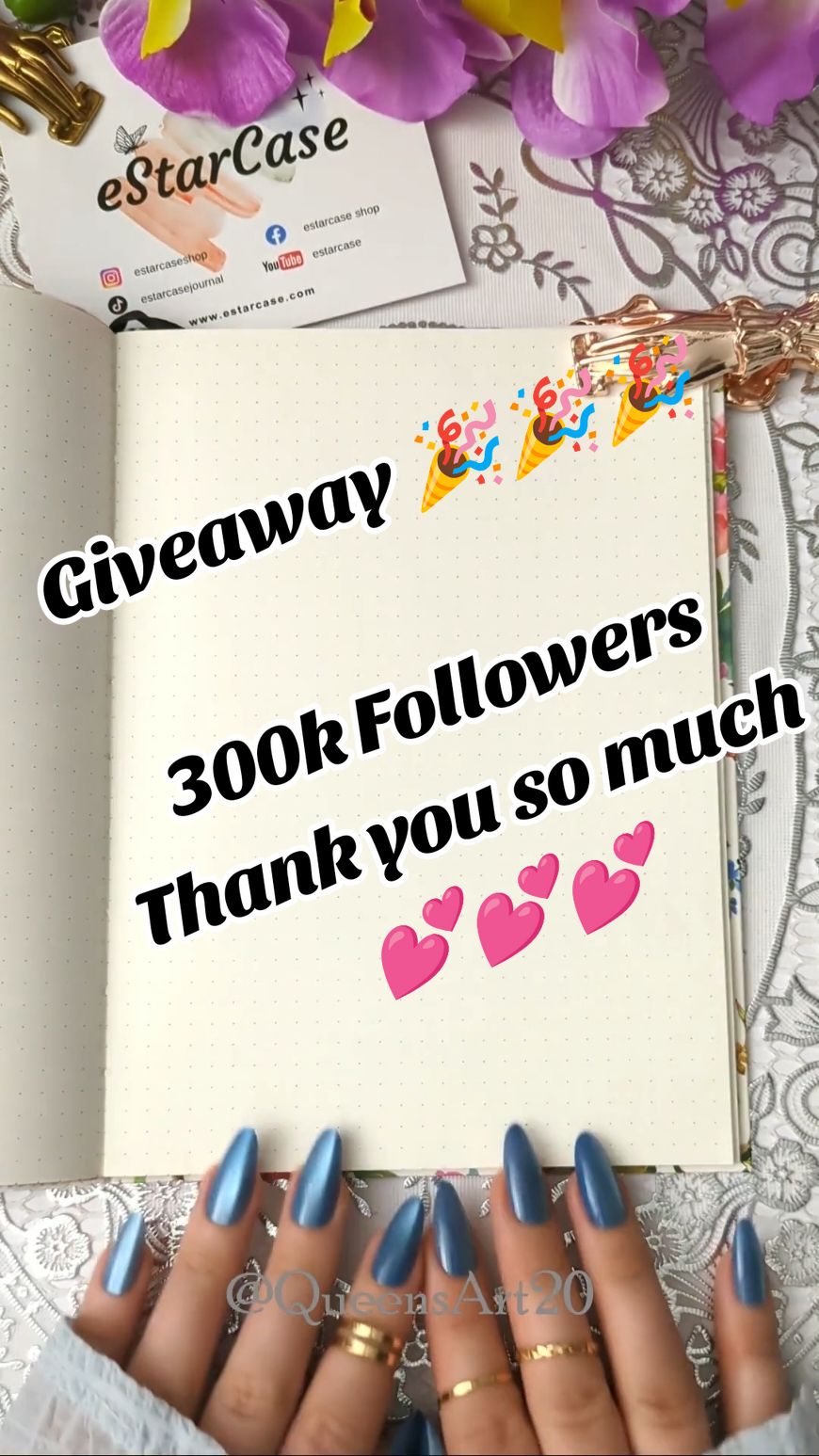 Replying to @jenjournal_ 🎉 Happy 300k Followers GIVEAWAY with eStarCase ❤️ 🎉 rules to enter: 1. Follow us on Tiktok    @estarcase    @queensart20 2. Like this video 3. Comment on this video and tag 3 Friends. ✨ Giveaway is open internationally. ✨ Giveaway ends on the 11th of August, 2024. ( Giveaway closed) ✨ One winner will be picked via randomizer. ✨ The winner will receive a $120 voucher to be used on the eStarCase store. . My Journal Supplies & Discount Codes: Link in my bio.🔗 . . . . ASMR | journal with me! #journaling #scrapbooking #scrapbook #notebook #fun #inspire #inspiration #Love #foryou #explore  #asmrsounds #satisfying #relax  #watercolor #painting #supplies  #meditation #asmr  #Craft #inspirational #inspire #art #artist 