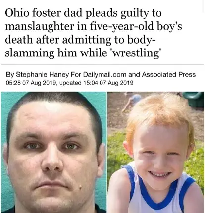 An Ohio man whose five-year-old foster son died after sustaining severe head trauma and bruises has pleaded guilty to charged related to his death. Thirty-year-old Kenneth Schulz, of Newark, entered the plea on Monday in Licking County to the charges in Nathaniel Gard’s death.  Court records show Schulz told police he was wrestling with the boy and had used various wrestling moves including body-slamming him before the child hit his head, causing him to lose consciousness and he never woke back up. Schulz allegedly admitted to using a ‘power bomb’ move on Nathaniel on June 2, 2018, the Newark Advocate reported. Newark Police said Schulz told them he raised Nathaniel over his head and slammed his body into a couch.  Nathaniel hit his head on the back of the couch in the drop, police said.  The boy was hospitalized after sustaining serious injuries that left him unconscious within 15 second after hitting his head. The child had suffered detached retinas and retinal hemorrhages. He did not recover and died four days later. #fosterkidsmatter❤️ #fostercare #sad #heartbreaking #speakupdrich #davonwoods #fostercarenews🥹 