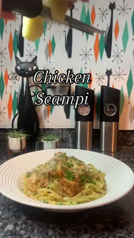 Let’s make Chicken Scampi! An easy dish that comes together quickly, and has a ton of flavor!  Ingredients:  * 1 1/2 lbs Chicken Breast - Cut In Pieces  * 1 1/2 Tbsp Flour * 1 1/2 Tbsp Olive Oil * 8 Tbsp Butter - Divided * 1 tsp Italian Seasoning  * 1 tsp Kosher Salt  * 1/2 tsp Black Pepper  * 8 Cloves Garlic - Minced * 1 Cup White Wine * 2 Lemons - Juiced * Parsley  * Romano or Parmesan Cheese  * Linguine Directions:  1. Cut up the chicken & season. I used @Pop @Poppaearles Season All.  2. In a bowl, combine the flour, Italian seasoning, salt & pepper together. Add the chicken to the bowl & mix well.  3. Add 3 Tbsp of the butter & the olive oil to a large skillet over medium heat. Add the chicken to the pan & cook for 3 - 3 1/2 minutes. Flip & cook on the other side for 3 minutes. Remove from the pan, place in a bowl, cover & set aside.  4. Lower the heat to medium-low & add in 2 Tbsp of Butter & the garlic. Cook for 30 seconds & add in the wine. Cook for 5-6 minutes or until the sauce has reduced.  5. Add in the remaining butter, lemon juice, chicken & parsley to the pan. Cook for 2-3 minutes longer & then add in your cooked linguine.  6. Top with grated cheese & serve with lemon wedges.  #chicken #scampi #EasyRecipes  
