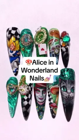 Im hoping the algorithm pushes this to the right people🥹💅🏼Alice in Wonderland Nails🍄💅🏼 #nailart #naildesign #aliceinwonderlandnails #pressonnails #nailartist #disneynails #aliceinwonderland #nailsart #nailtok #nailinspo #artist 