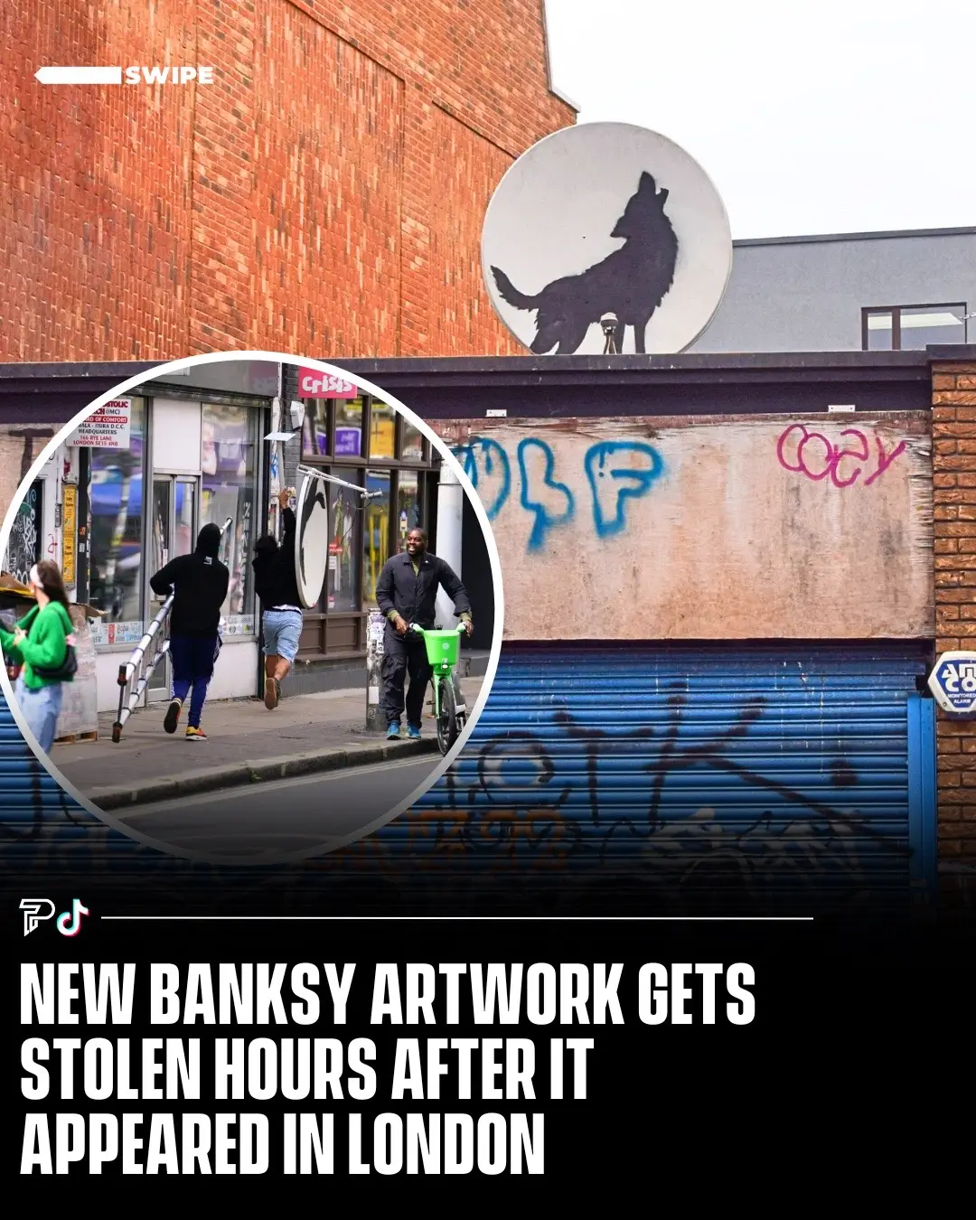 Banksy’s latest animal-themed artwork, a stencil of a wolf howling on a satellite dish in Peckham, London, was stolen just hours after being displayed.  It’s the fourth piece of a new series that has appeared across London, including depictions of a goat, elephants, and monkeys at various locations. Banksy shared photos of these works on IG, sparking speculation about their meaning. #RoadTo15Million #Pubity 