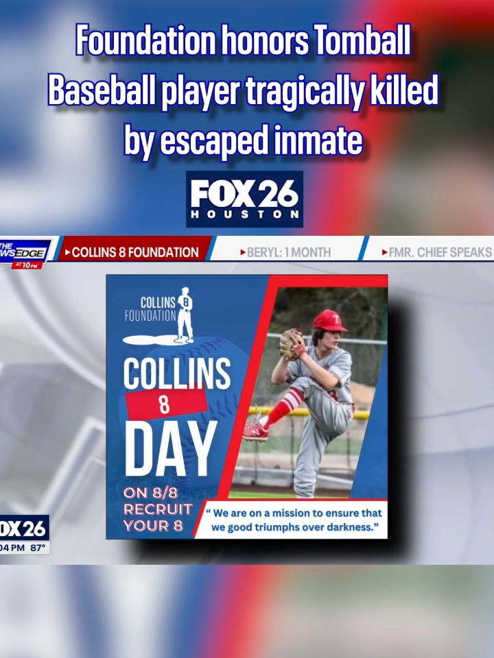 The Collins 8 Foundation was founded to honor Waylon Collins, a Tomball High School baseball player who, along with family members, tragically lost his life in a violent incident. In memory of Waylon, who wore jersey number 8, the foundation offers $8,000 educational scholarships to children affected by such tragedies. On 8/8, the community is encouraged to donate and support this cause, continuing Waylon's legacy of positivity and resilience. #fox26houston