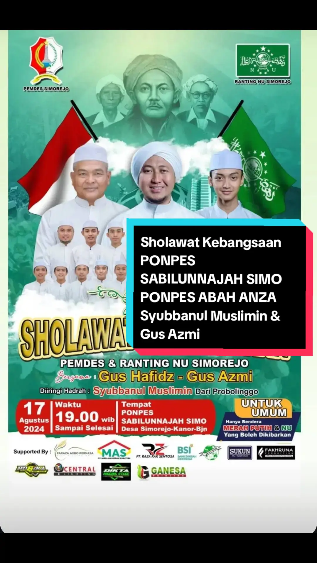 INFO >>Sholawat Kebanggsaan Tgl 17 Agustus 2024 di PONPES SABILUNNAJAH SIMO Bojonegoro #sabilunnajah #bojonegoro_jawatimur  #syubbanulmuslimin #probolinggo  #azmiaskandar #azmi #blitar  #azmeee #sholawat #santriindonesia #santrikeren #askandaryoung #askandaryoung 