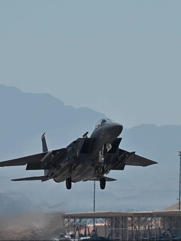 F-22 Raptors, F-35 Lightning IIs, F-16 Fighting Falcons, a B-1 Lancer, and F-15E Strike Eagles take off from Nellis Air Force Base