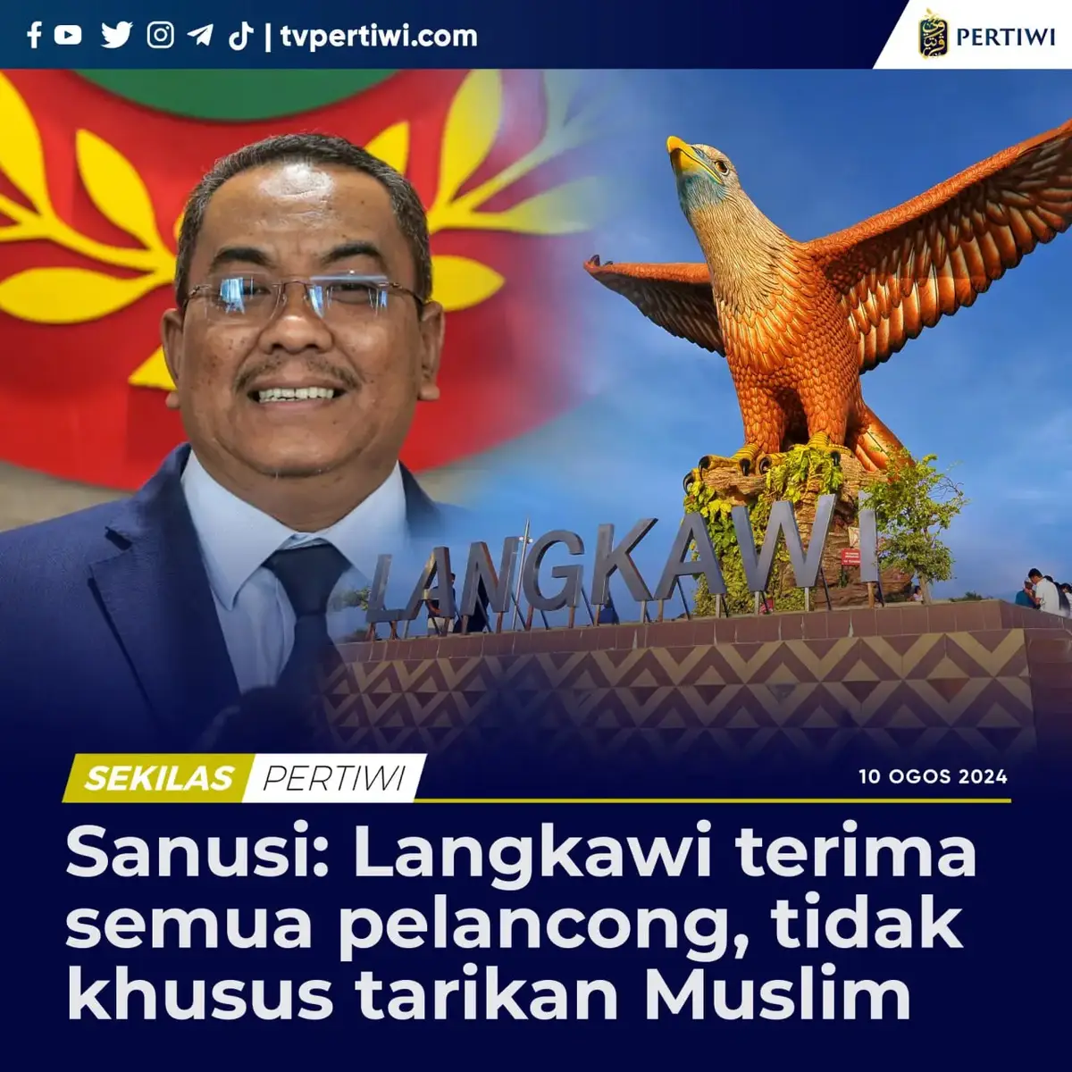 Kerajaan negeri Kedah tidak berhasrat menjadikan Langkawi sebagai destinasi khusus pelancongan Muslim.  Menteri Besarnya, Datuk Seri Muhammad Sanusi Md Nor bagaimanapun menghormati pandangan yang pernah diutarakan Timbalan Menteri Pelancongan, Seni dan Budaya, Khairul Firdaus Akbar Khan.   “Itu orang lain cakap. Saya tidak cakap begitu. Tanya mereka. Siapa yang cakap begitu? “Mungkin itu pandangan beliau. Kami tidak salahkan beliau. Mungkin beliau berpandangan sesuai begitu. Kami tidak. Kita terbuka.  “Siapa pun boleh pergi Langkawi. Pakai apa pun boleh. Tapi pakai jangan tak pakai. Bahaya bos,” katanya dalam satu sidang media selepas merasmikan Tahun Melawat Kedah 2025 di Menara Kuala Lumpur malam tadi.  #BoikotSampaiMerdeka Ikuti Tiktok Berita Pertiwi, Telegram TV Pertiwi Official, Youtube Berita Pertiwi: https://www.youtube.com/@beritapertiwi https://www.tiktok.com/@beritapertiwi https://t.me/tvpertiwi #TvPertiwi