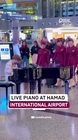 @crashadams was at Hamad International Airport. While playing piano in Doha, a Qatar Airways flight attendant requested 'Destination' by Crash Adams, leading to an unexpected performance with them. #qatar #qatarliving #piano #singing #guitar #qatarairways #publicreaction 