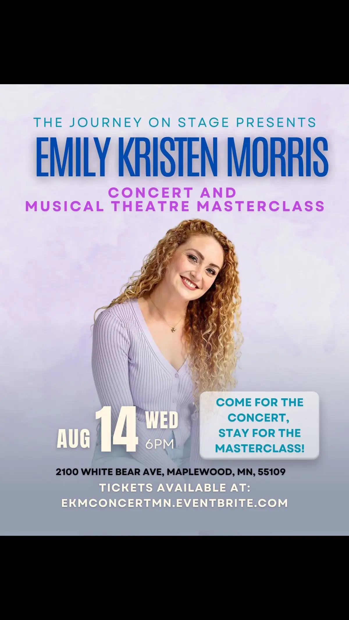 Minnesota! Come on out! Wednesday night (in two days!) I’m doing a little solo show, and then following that up with a 2 hour masterclass. Come along for the show, and then stay to learn a little bit about the voice :)  . FOR THE SHOW: I’m singing some songs from shows I’ve done, as well as some new material. Full band!We’ve got pop, golden age, contemporary musical theatre, and more. I’m so excited!!  . FOR THE CLASS: All singer slots are taken, but masterclass observer slots are still available! Head to @thejourneyonstage on Instagram or to the link in this poster to book your ticket, and I’ll see you in the twin cities the day after tomorrow!!  . #ekmvocalstudio #masterclass #musicaltheatre #twincities