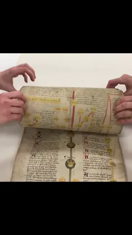 Back in December, 2022, for #CoffeeWithACodex we brought out Ms. Roll 1066 - all 36 feet of it! This is a genealogical chronicle of the kings of England to Edward IV, written in England circa 1461. You can watch the full video on YouTube (link in our bio), and join when we start #CWAC again in September! #medieval #manuscript #medievalmanuscript #roll #genealogy #15thcentury #chronicle #england #edwardIV #bookhistory #rarebooks #medievaltiktok