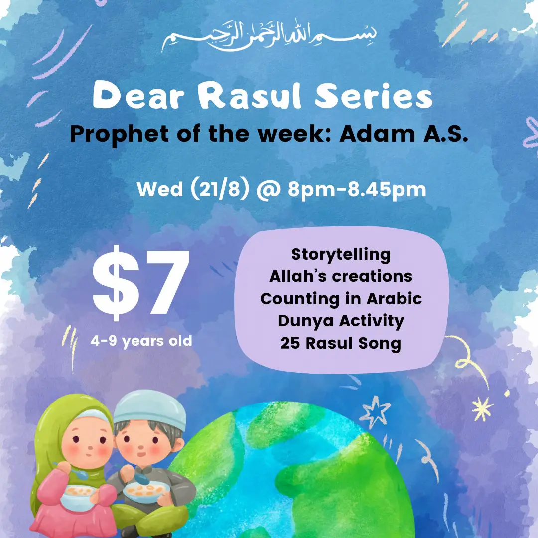 | DEAR RASUL SERIES | Assalamualaikum WR WB… We are back! This time, Mudarrisah Ana (and the host, me) will be sharing about our 25 Rasul… We will be posting 4 ZOOM sessions at a time to make it easy for parents and we will begin with Nabi Adam AS. As usual, the sessions will be packed with: • stories • games • hands-on activities • fun, fun, fun! ❤️ Share with your friends and families 😍 👉🏼 sign up via bio link!