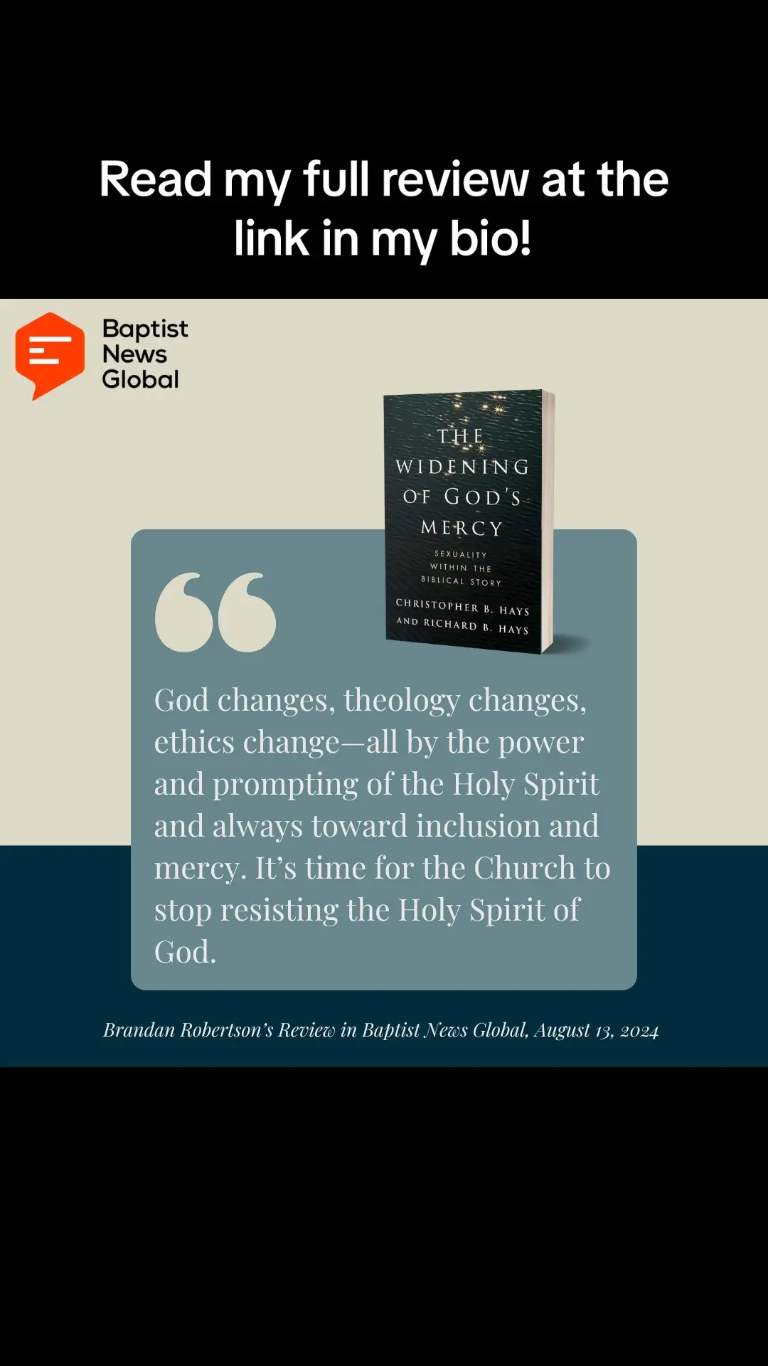 Richard and Christopher Hays new book marks an important historical moment for American evangelicalism, in particular, and will help nudge many who have been on the fence about LGBTQ inclusion into a place of full acceptance of queer people and their love, which will enrich and even save the lives of many queer people who may have otherwise faced rejection and abuse — and that is something that we can all be truly grateful for. Read my full review at the link in my bio.  . . .  #ProgressiveChristianity #LGBTChristian #QueerChristian #LGBT #Christian 