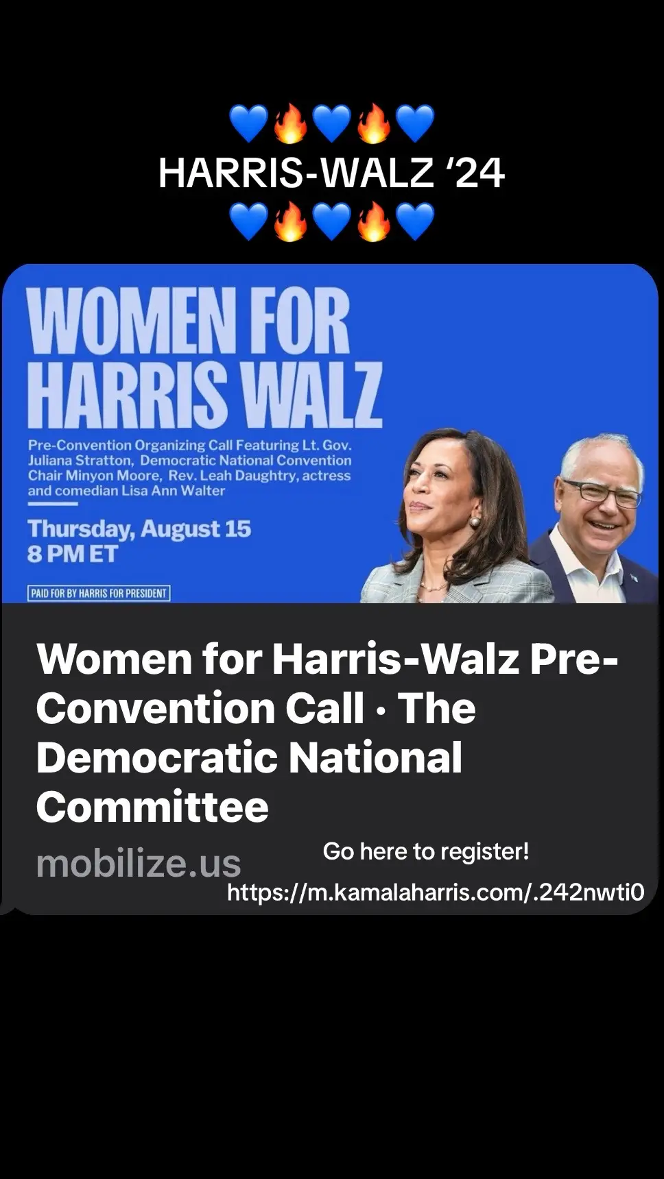 Love from Chicago, this call is to rally and mobilize women across the country around VP Kamala Harris. Information on events during DNC week will be discussed. #harriswalz2024 #womensrights #wewillneverstop #democratwomen #independentwomen #republicanwomenforharis 