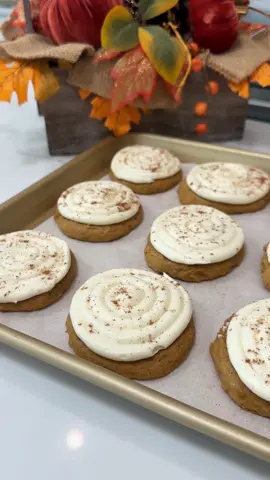 Pumpkin Cookies with Cream Cheese Frosting! 🎃🍁 a must try cookie this fall! Here’s the recipe: INGREDIENTS: Pumpkin Cookies: - 1/2 c Unsalted Butter, Melted - 1/4 c Dark Brown Sugar - 1/4 c Granulated Sugar - 1/3 c Pure Pumpkin - 1 Egg - 1 tsp Vanilla Extract - 1.5 c Flour - 1/2 tsp Baking Soda - 1/2 tsp Ground Cinnamon - 1/4 tsp Salt - 1 tsp Pumpkin Pie Spice Cream Cheese Frosting: - 4 oz Cream Cheese, Softened - 4 tbsp Unsalted Butter, Softened - 1 tsp Vanilla Extract - Pinch of Salt - 2 c Powdered Sugar INSTRUCTIONS: - To a large bowl add melted butter, dark sugar and granulated sugar and whisk together until smooth. - Add in pumpkin, vanilla extract and egg and mix until combined.  - Mix in flour, baking soda, ground cinnamon, salt and pumpkin pie spice until just combined. - Chill dough in refrigerator for 1-2 hours.  - Preheat oven to 350 degrees and prepare a baking sheet by lining with parchment paper.  - Scoop 2 tbsp of cookie dough and roll into balls and space out on baking sheet. Gently press down tops of cookie dough balls to flatten (the cookies will stay raised if you skip this step) - Bake for 10-12 minutes until edges look more firm and bottoms begin to turn more golden. - Allow cookies to cool completely before adding frosting. - To make frosting, beat softened cream cheese and softened butter together until smooth (using a hand or stand mixer is best). Add in vanilla extract, salt and powdered sugar and beat for a couple of minutes until smooth and fluffy.  - Once cookies are cooled, you can apply your frosting by either spreading it on with a knife/offset spatula or using a piping bag.  - Garnish tops of cookies with a sprinkle of pumpkin pie spice. - ENJOY! #fallbaking #fallcookies #fallrecipe #fallfood #pumpkinspice #pumpkinrecipes #pumpkinseason #cookierecipe 