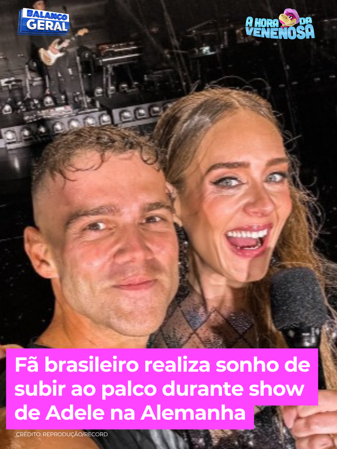 Caio Giardini falou para Adele que era brasileiro, mas que morava nos Estados Unidos. A cantora disse que sempre pedem para ela se apresentar no Brasil. O fã contou sobre a experiência para #AHoraDaVenenosa. Veja! #BalançoGeral #adele #fã