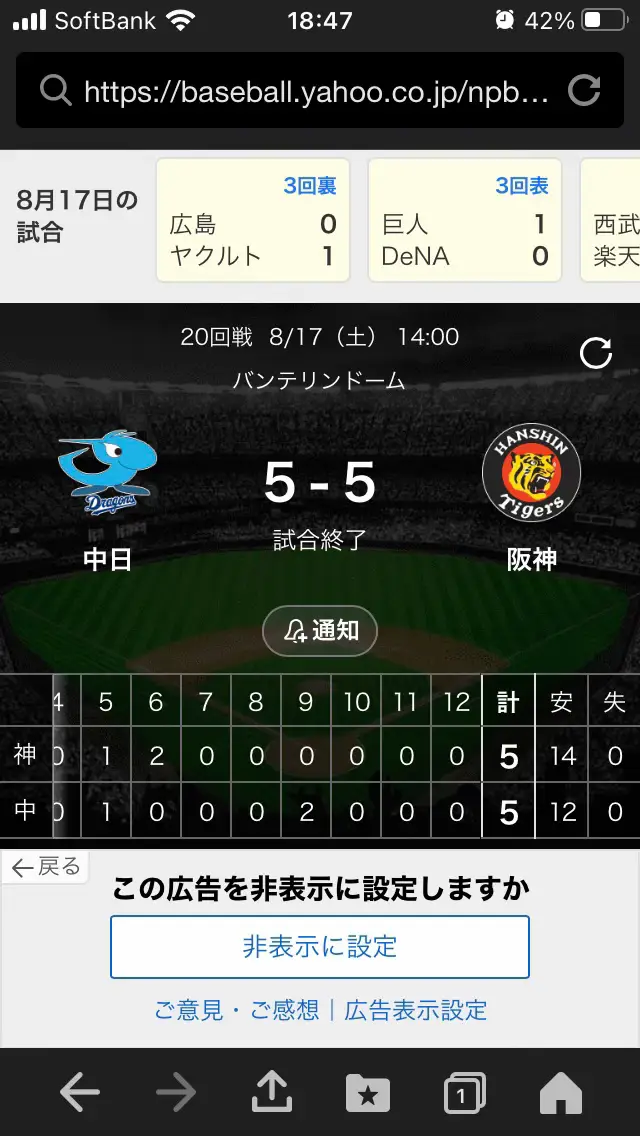 今日阪神は引き分けです。 54勝と50敗と6引分です。 明日は１３時３０分です。