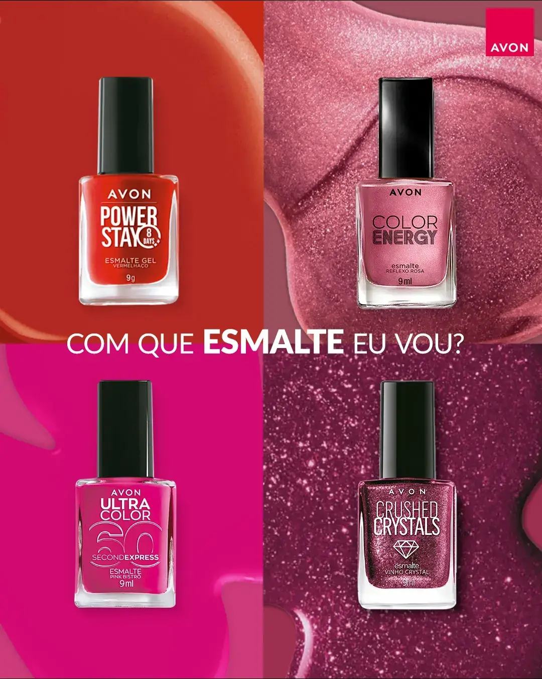 Tem o Power Stay, que dura até 8 dias 🗓️ O Crushed Crystals, que arrasa nas festas ✨ O Color Energy, com a tendência do perolado 🐚 E o Ultra Color, que seca em 60 segundos ⏲️ Qual você vai usar hoje?