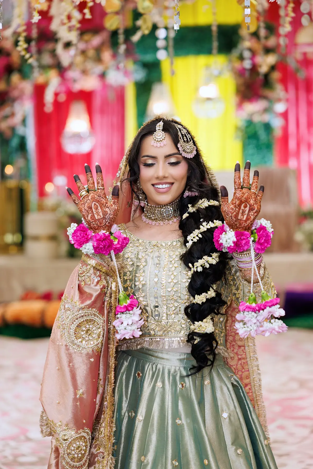 Outfit: @prive___lux  Hall: @lazzurraballroom  Decor: @rubysdecor  Makeup: @sanaxzaid  Hair: @zainahussain  Henna: @hennabymayaa  Chaat station: @streetchaats  Kulfi station: @kulfihut_  Catering: @shaheenfoods  Photographer: @marzphotography  Professional videographer: @marjan_photography  Hair extensions: @tesorohair