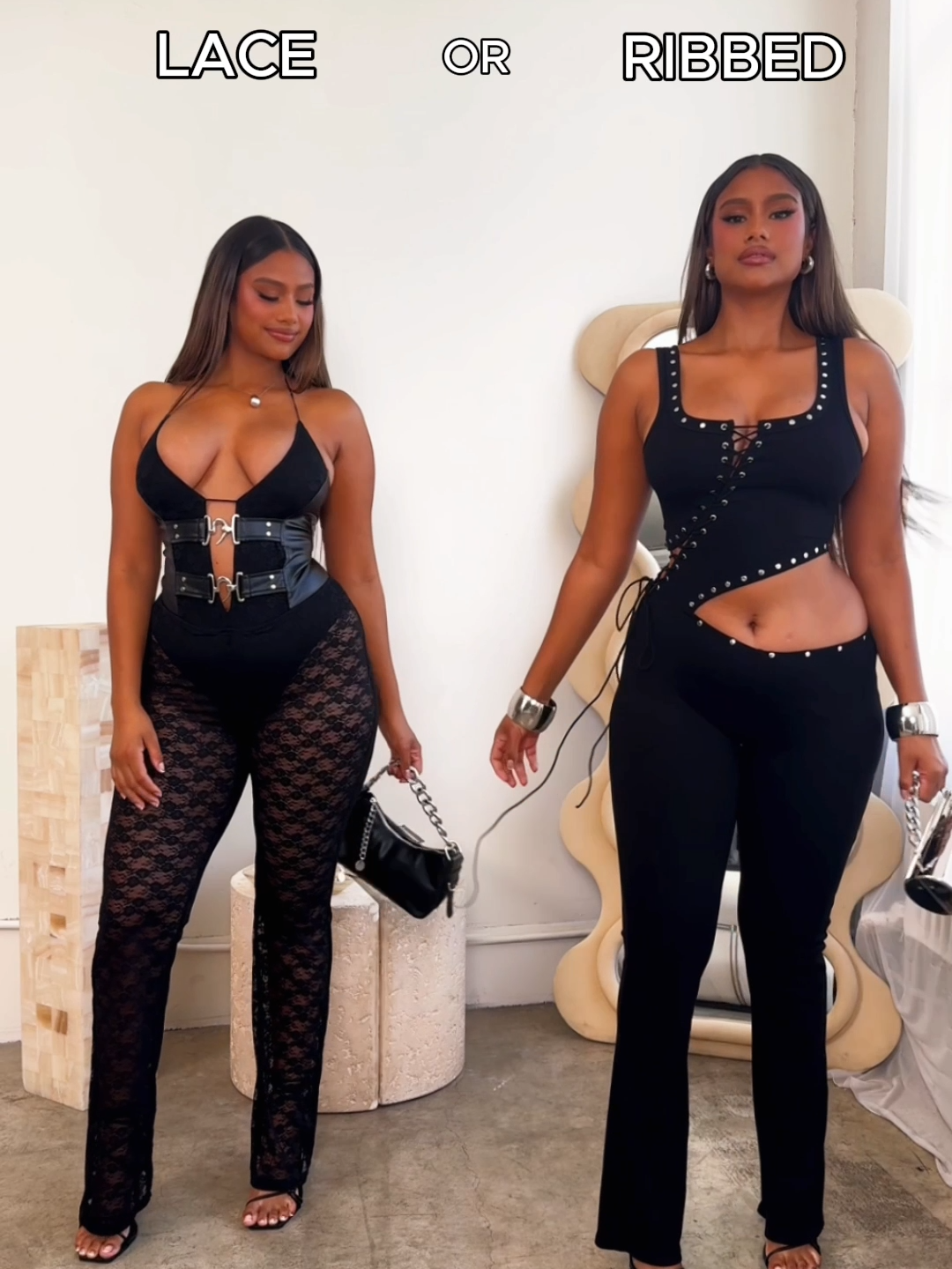 Lace or Ribbed Jumpsuit? Comment Left Or Right! ❤️‍🔥 ⁠ 🔎 Out on the Town Lace Jumpsuit⁠ 🔎 Zarine Ribbed Jumpsuit  #GRWM #fashionfavorites #fashionnova Fashion TikTok Outfits + Jumpsuit Inspo + Baddie Jumpsuit #Jumpsuit