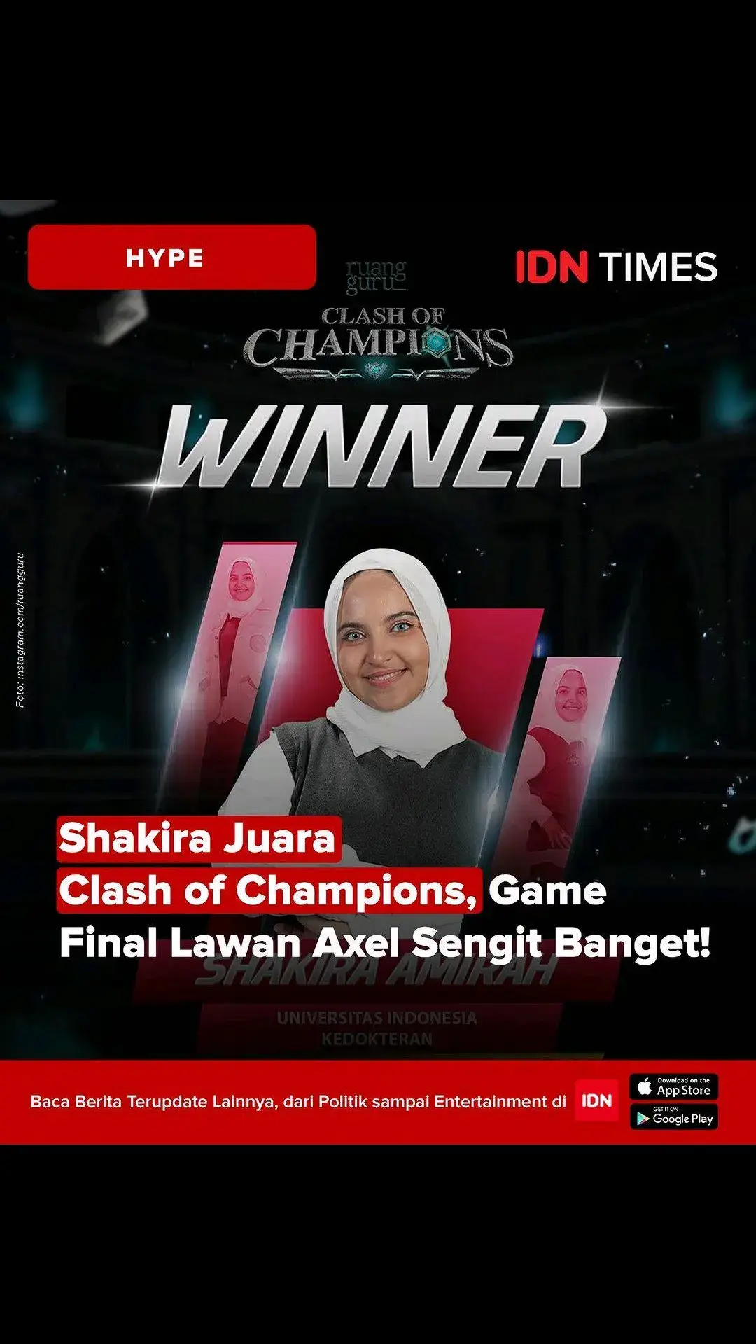 Clash of Champions resmi selesai. Setelah melalui berbagai tantangan, Shakira yang merupakan peserta dari Universitas Indonesia (UI) keluar sebagai pemenang. Menjadi pemenang Clash of Champions bukan perjalanan yang mulus untuk Shakira. Ia dua kali tereliminasi dan dua kali pula berhasil lolos di babak revival. Dikenal punya mental yang kuat dan tenang, Shakira dianggap layak jadi juara oleh teman-temannya. Shakira pun juga berterima kasih atas game seru melawan Axel. #idntainment #idntimes #idntimeshype #tiktoktainment #clashofchampions #shakiracoc #axelcoc 