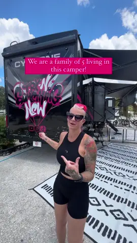 As a family of 5 living in this camper, we absolutely love the drop down patio which provides an extra room and space!  The fact that I can lower it all by myself was a must! Stay tuned for part 2 where I decorate the space! We have a @Heartland RV Cyclone 4006- we searched high and low for the perfect RV and this was the winner🤩