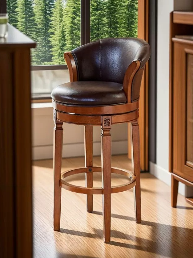 Solid Wood & Cowhide Genuine Leather midcentury traditional but modern Counter bar high Stool chair.