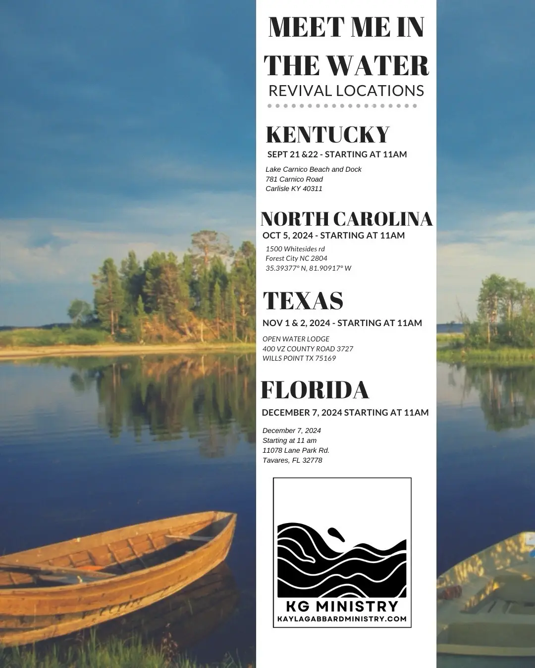 We are so excited to bring old school revival and baptisms to a state near you! If the Lord is calling you to the water, come. Meet me in the water! ** Each event has a Google doc RSVP form to let us know what to expect, (this is NOT a sign up as we don't believe you need to do anything before you come to Jesus.) It's just a preparation tool for us! Copy and paste if you'd like to let us know you're coming! Check out my website kaylagabbardministry.com for more!  Colorado: https://forms.gle/LU4cYaNdECHsT6d6A Kentucky: https://forms.gle/jYtzt8gVyGb3iN4v9 North Carolina: https://forms.gle/sbrKGpX4VcyLjGNA8 Texas: https://forms.gle/bHM9dos3qKK36h5g8 FLORIDA  https://forms.gle/qkaUY8NwpmBo1hHs9 #meetmeinthewater #revival #baptism #jesusisking 