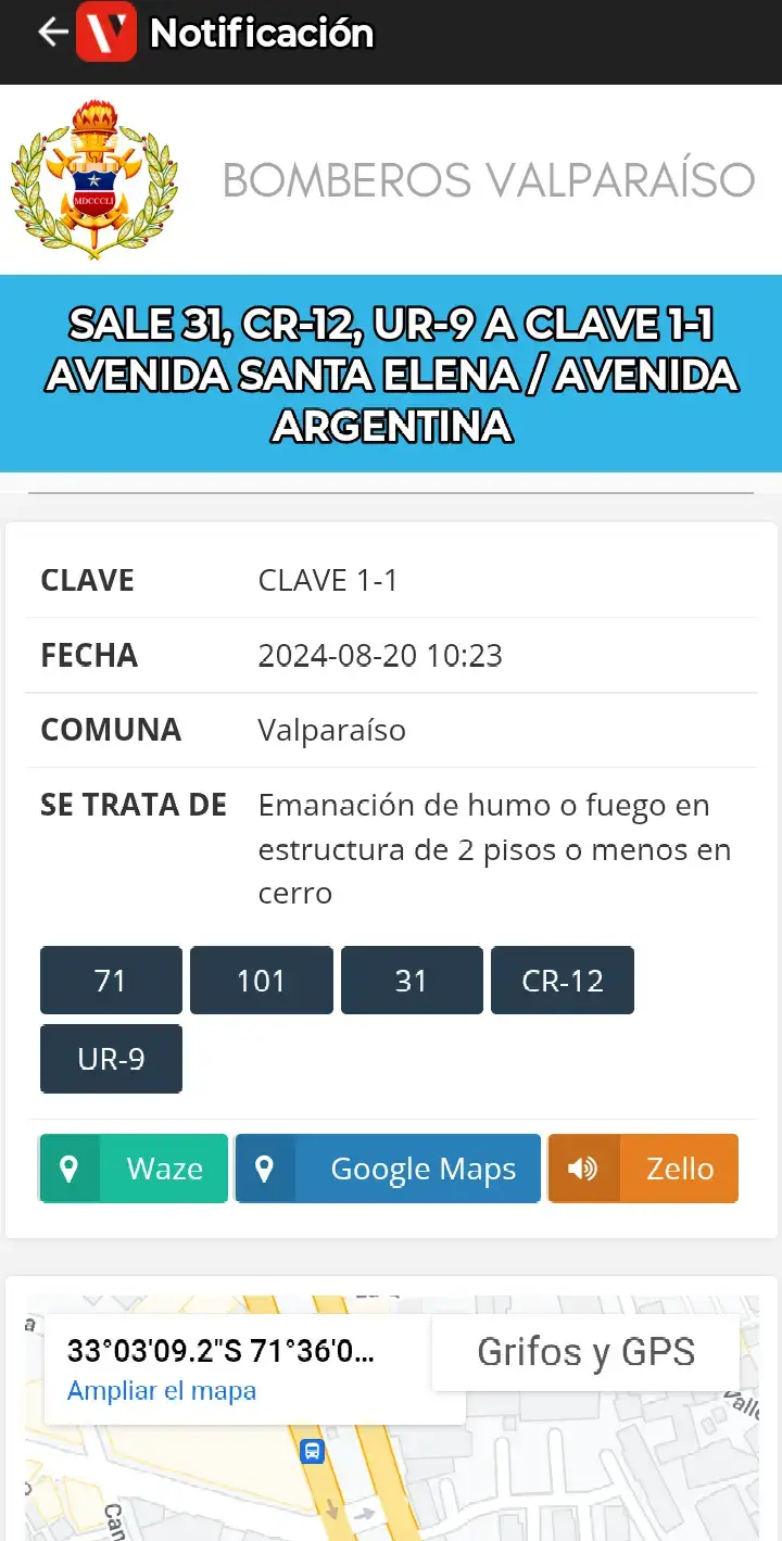 Alarma estructural  Cuerpo de Bomberos de Valparaíso, Moviliza a las unidades a incendio Estructural en Avenida Santa Helena 505, con Avenida Argentina.  Noticia en desarrollo!!!