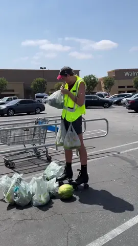 Man picks up groceries wearing skates he even carries a watermelon! Man without car comes up with a genius way of carrying his groceries home on roller skates including a giant watermelon!