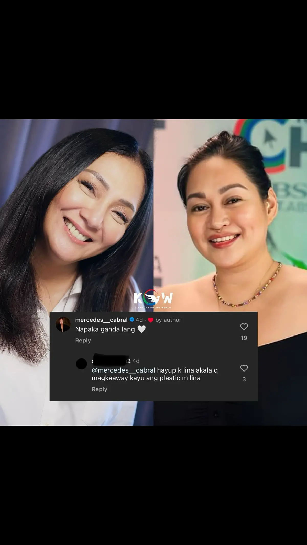 Aliw ang naging reply ng isang netizen sa kumento ni Mercedes Cabral sa IG post ni Cherry Pie Pichache.  “Napaka ganda lang,” kumento ni Mercedes sa post ni Cherry Pie.  “Hayup k lina akala q magkaaway kayu ang plastic m lina,” kumento naman ng isang netizen na tinutukoy si Lena na karakter na ginagampanan ni Mercedes sa #FPJsBatangQuiapo