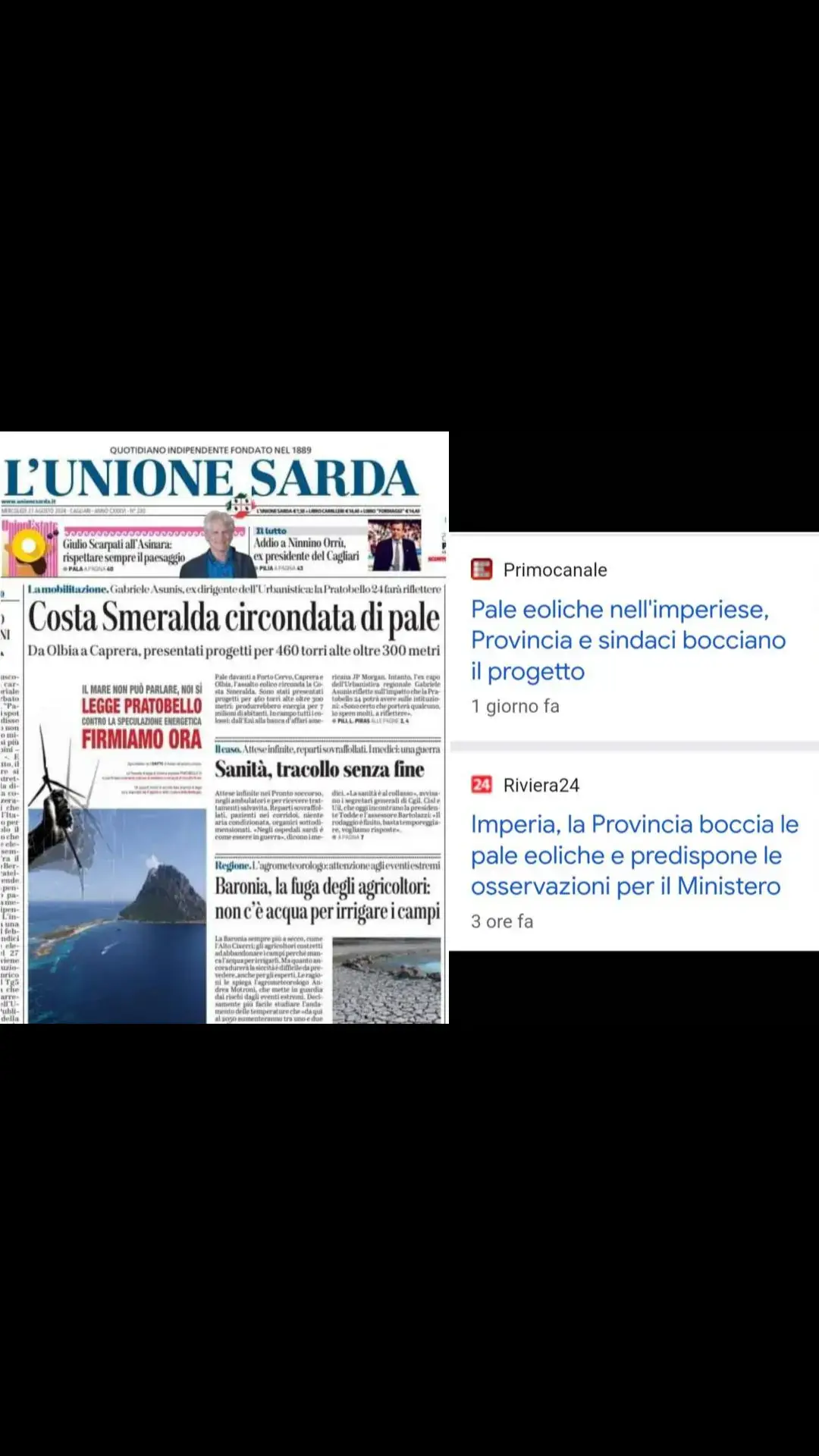 Lo scempio eolico in Sardegna è più di una minaccia. L'Unione Sarda ogni giorno ci informa con inchieste documentate davanti alle quali nessuno può restare indifferente. Intanto a Imperia, Provincia e sindaci bocciano il progetto. #marellagiovannelli #unionesarda #imperia #scempioeolico #leggepratobello #vota #sardegna #sardinia @unionesarda.it #perte #foryou 