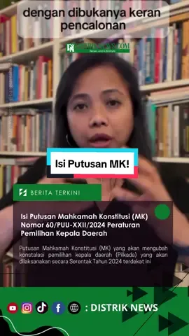 Substansi Putusan Mahkamah Konstitusi (MK) Nomor 60/PUU-XXII/2024 Peraturan Pemilihan Kepala Daerah Putusan Mahkamah Konstitusi (MK) yang akan mengubah konstalasi pemilihan kepala daerah (Pilkada) yang akan dilaksanakan secara Serentak Tahun 2024 terdekat ini, poin dari putusan ini adalah mengubah Pasal 40 ayat 1 undang-undang nomor 10 tahun 2016 Tentang Pemilihan Gubernur, Bupati dan Walikota, jelas Akademisi Bivitri Susanti. #distriknews #mahkamahkonstitusi #putusanMK #pilkada #gubernur #bupati #walikota #garudabiru #alerta