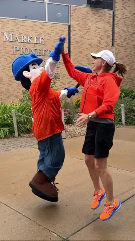 #pioneerpete  and Chancellor Evetovich got to work this week, took a few laps around campus, got a little workout in and made sure everything was looking great for your return, Pioneers! 😅😆🧡💙  We are super excited to see all faculty, staff and students when classes start on September 3! Know someone still on the fence for college? You can still enroll by August 28 for THIS FALL! Let a #FuturePioneer know! Apply here: www.uwplatt.edu/admission #uwplatteville #platteville #uwp #pioneers #swingtheaxe 