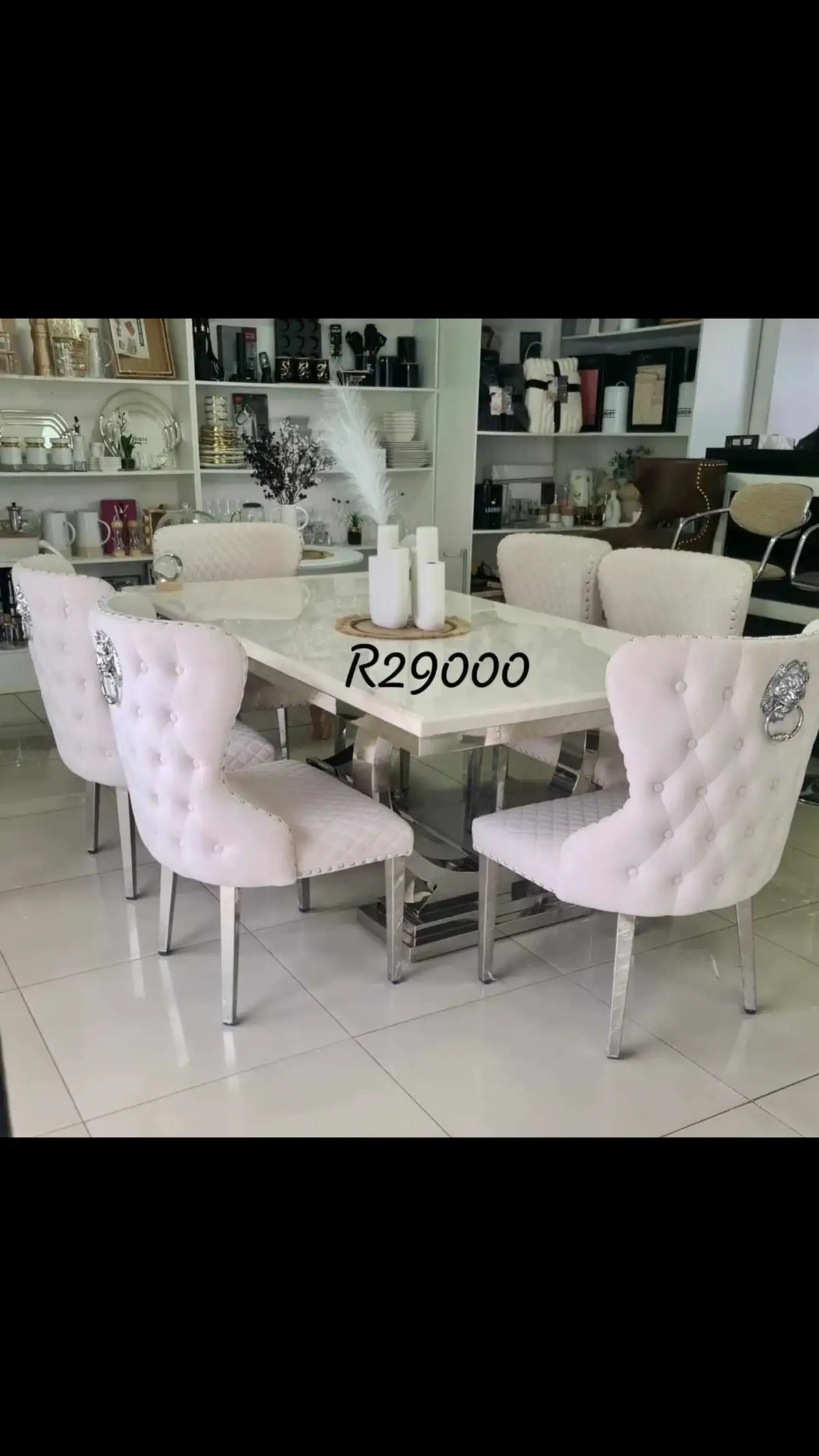 Luxurious 6 seater dining set R29000. Marble top table + 6 velvet chairs. Chairs available in white and grey. Contact 0684624444. Delivery available. #luxurylifestyle #furniture #diningtable #diningset #diningchair #modernfurniture #tiktok #trending 