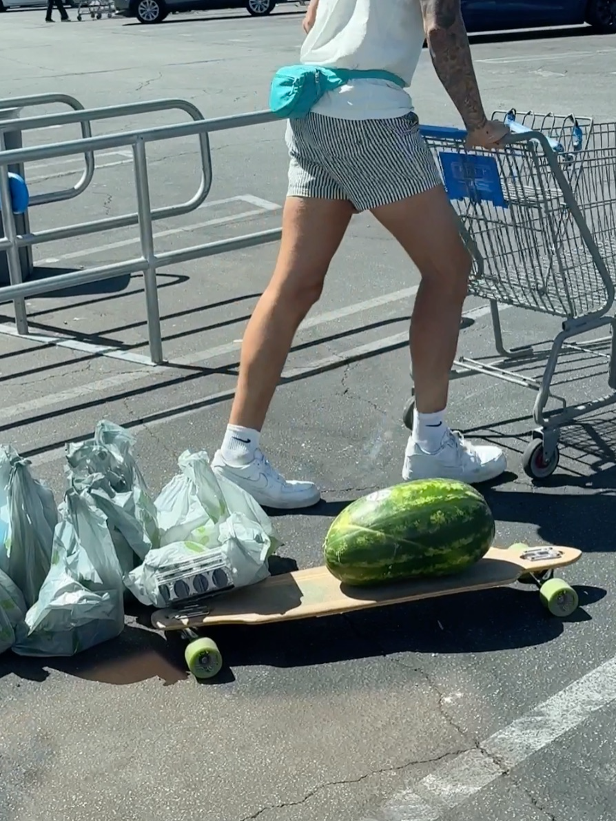 Man picks up groceries on a skateboard 😱 including a watermelon! #funny #viral #caughtoncamera #DIY #diwhy #dad @walmart