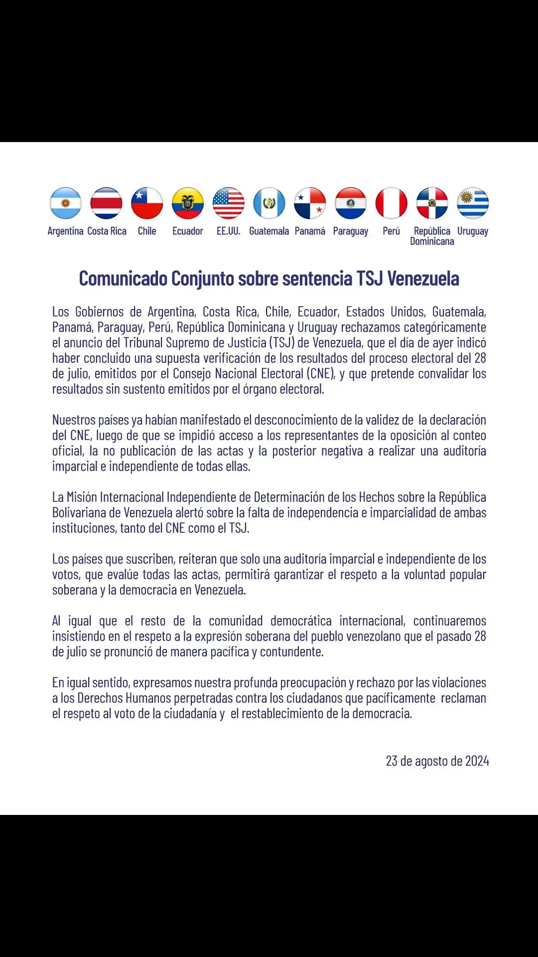 #ÚLTIMAHORA | Argentina, Costa Rica, Chile, Ecuador, EEUU, Guatemala, Panamá, Paraguay, Perú, República Dominicana y Uruguay publican comunicado en conjunto repudiando el fallo del Tribunal Supremo de Justicia chavista que “pretende convalidar los resultados sin sustento”.