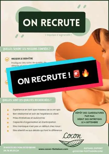 🚨 Nous recrutons un.e Praticien.ne Spa & Massage 🔥 Cocon, spécialisé dans le #bienêtre et situé à Beure près de Besançon, est à la recherche d'un.e praticien.ne passionné.e et motivé.e, pour un poste à temps plein. Envie de travailler dans un cadre apaisant 😌 ? Rejoignez l'équipe de Cocon et contribuez à offrir des moments de bien-être inoubliables à nos clients ✨ Vous correspondez à ce profil ? 👋 ✅ expérience en tant que masseur.se ✅ super relationnel ✅ sens aigu du service client ✅ autonome et organisé.e ✅ curiosité et volonté d’apprendre 📩 Alors envoyez-nous dès maintenant votre candidature par mail : raphael.dupont@cocon-flottaison.com Début des entretiens dès le 4 septembre ! #offredemploi #embauche #recrutement #besancon #spa