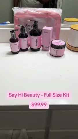 Say Hi beauty Full Size Kit - $99.99  Lo pueden adquirir en mi pagina web www.mojicasplace.com, pronto estara diaponible aca. Contiene: - Shampoo - Conditioner - Leave In - Hair Mask  - Dropper #productoscapilares #mujeres #tiktokshop #sayhibeauty #cabello #pelo 